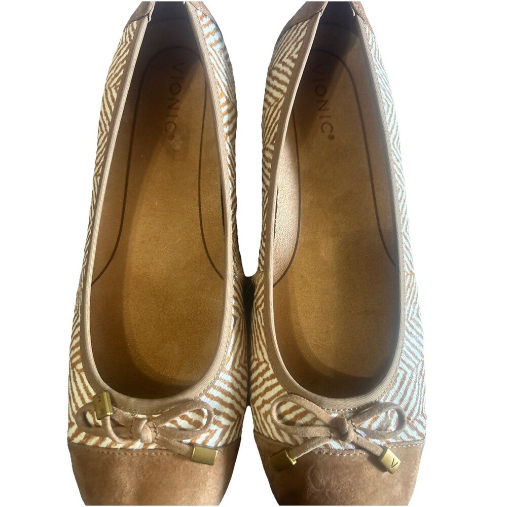 Vionic Minna Womens 11 Tan Ballet Flat Herringbone Calf Hair Bow Suede Cap Toe - Picture 7 of 16